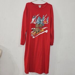 Vintage Previews USA Nightgown Sleep Shirt Sz L Christmas Bears Red Long Sleeve